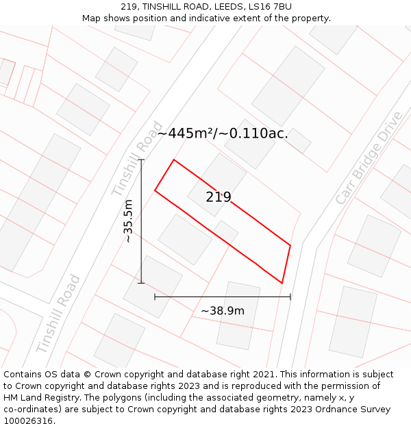 219, TINSHILL ROAD, LEEDS, LS16 7BU: Plot and title map