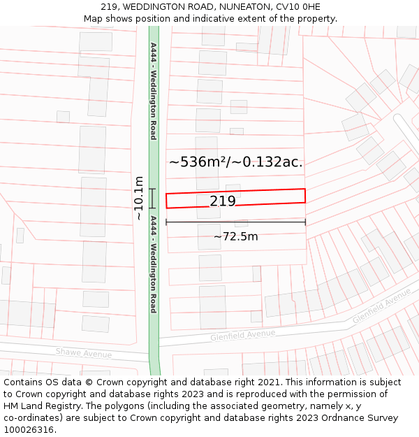 219, WEDDINGTON ROAD, NUNEATON, CV10 0HE: Plot and title map