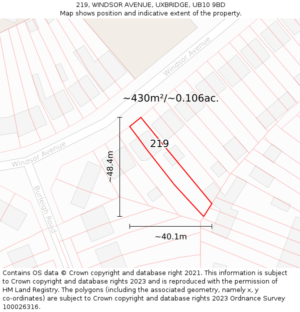 219, WINDSOR AVENUE, UXBRIDGE, UB10 9BD: Plot and title map