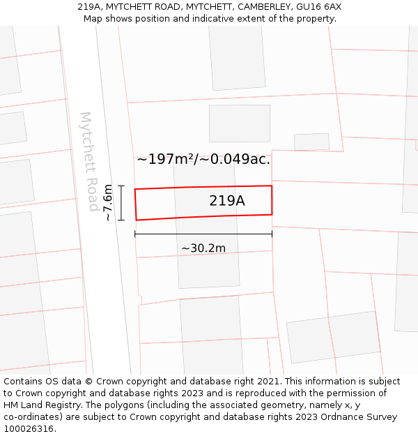 219A, MYTCHETT ROAD, MYTCHETT, CAMBERLEY, GU16 6AX: Plot and title map