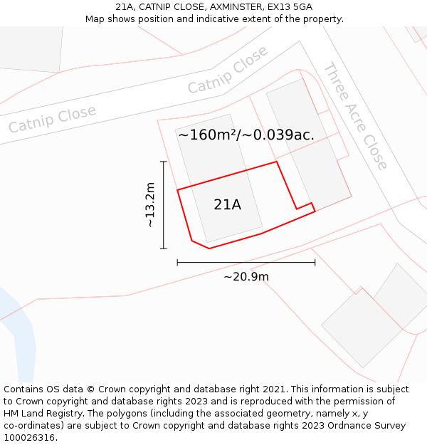 21A, CATNIP CLOSE, AXMINSTER, EX13 5GA: Plot and title map