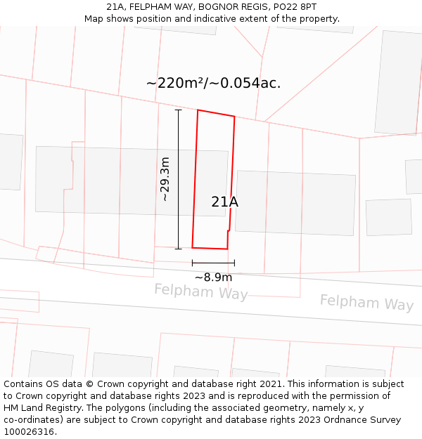 21A, FELPHAM WAY, BOGNOR REGIS, PO22 8PT: Plot and title map