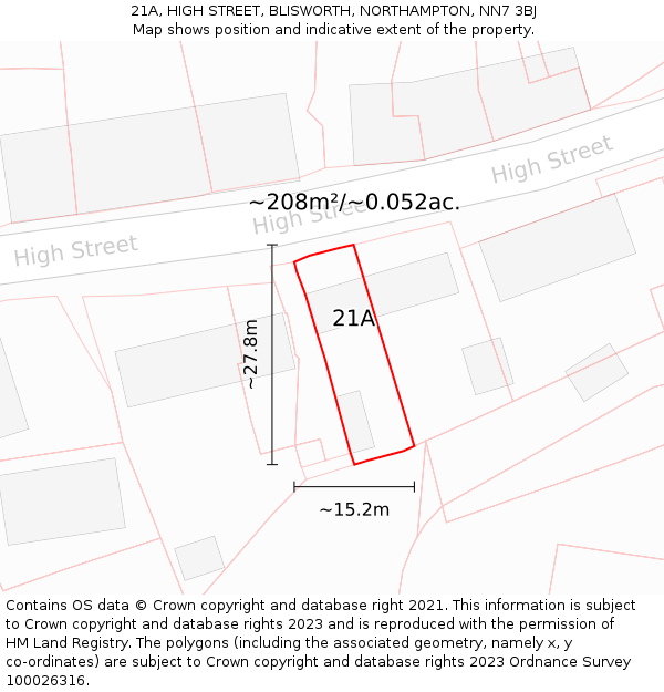 21A, HIGH STREET, BLISWORTH, NORTHAMPTON, NN7 3BJ: Plot and title map