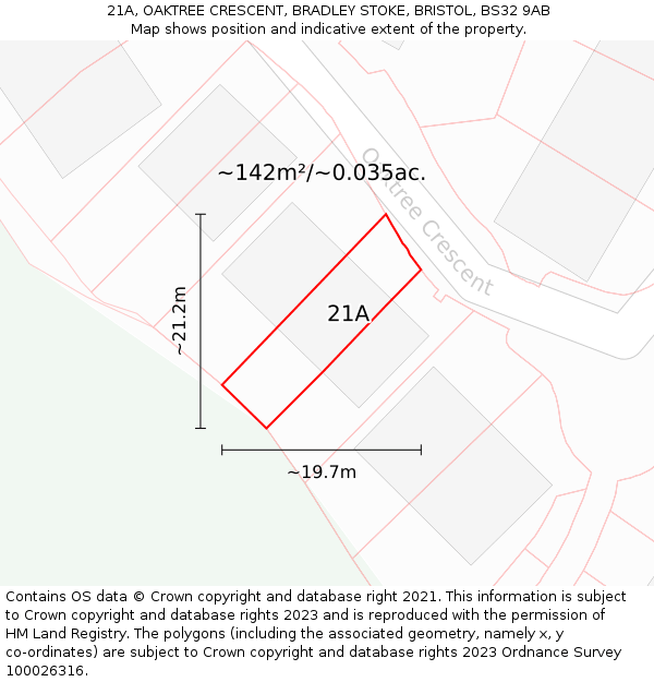 21A, OAKTREE CRESCENT, BRADLEY STOKE, BRISTOL, BS32 9AB: Plot and title map