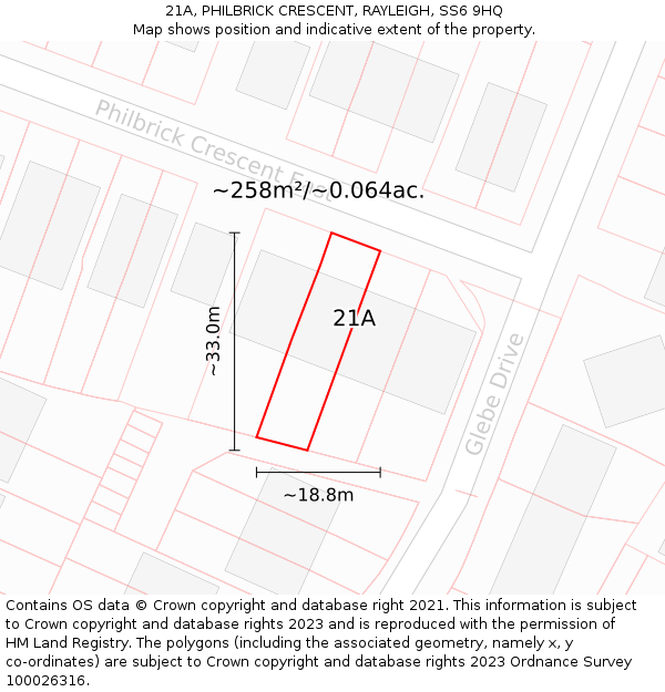 21A, PHILBRICK CRESCENT, RAYLEIGH, SS6 9HQ: Plot and title map