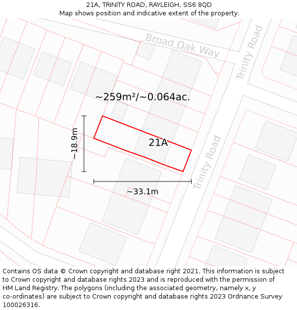 21A, TRINITY ROAD, RAYLEIGH, SS6 8QD: Plot and title map