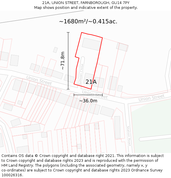 21A, UNION STREET, FARNBOROUGH, GU14 7PY: Plot and title map