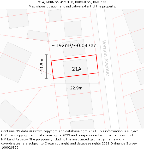 21A, VERNON AVENUE, BRIGHTON, BN2 6BF: Plot and title map