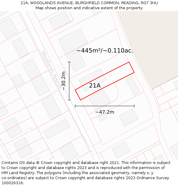 21A, WOODLANDS AVENUE, BURGHFIELD COMMON, READING, RG7 3HU: Plot and title map