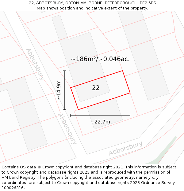 22, ABBOTSBURY, ORTON MALBORNE, PETERBOROUGH, PE2 5PS: Plot and title map