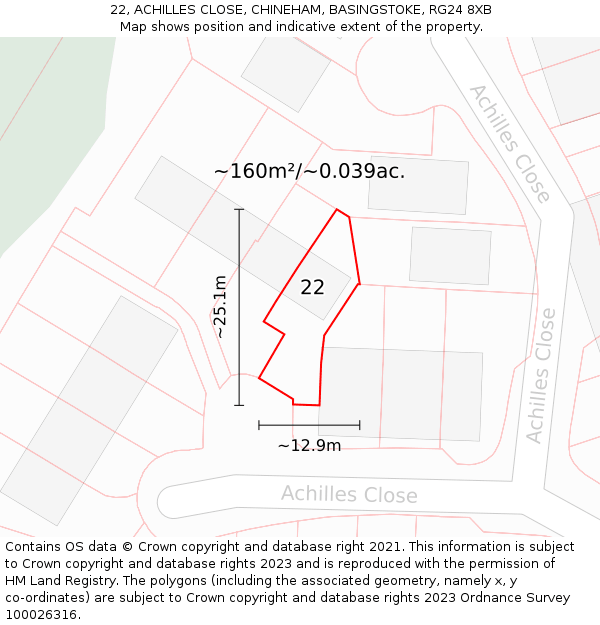 22, ACHILLES CLOSE, CHINEHAM, BASINGSTOKE, RG24 8XB: Plot and title map