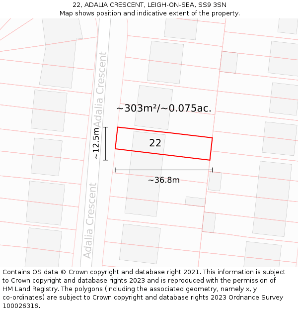 22, ADALIA CRESCENT, LEIGH-ON-SEA, SS9 3SN: Plot and title map