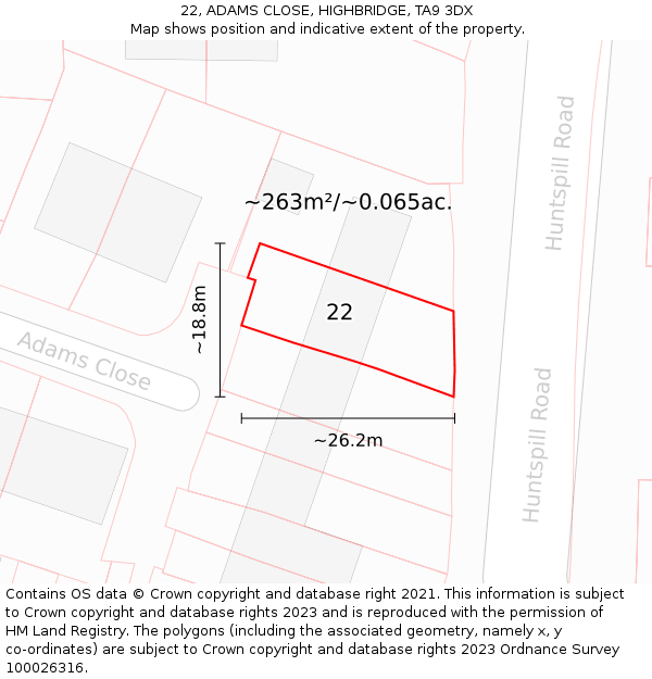 22, ADAMS CLOSE, HIGHBRIDGE, TA9 3DX: Plot and title map
