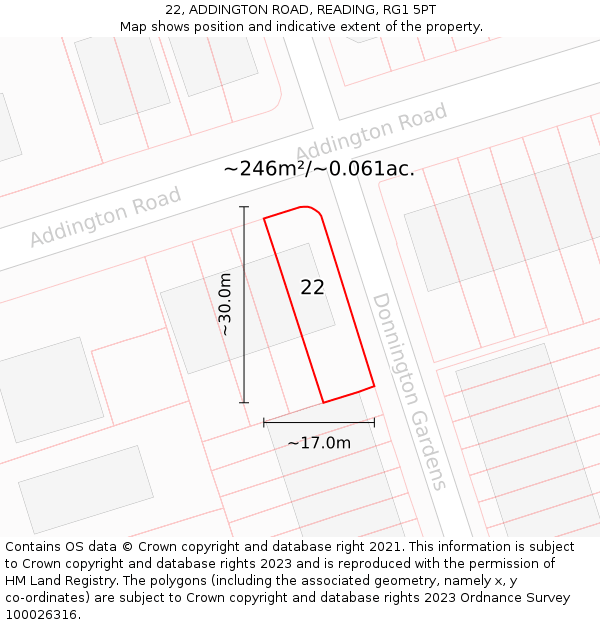 22, ADDINGTON ROAD, READING, RG1 5PT: Plot and title map