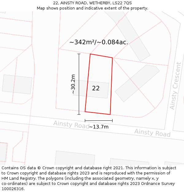 22, AINSTY ROAD, WETHERBY, LS22 7QS: Plot and title map