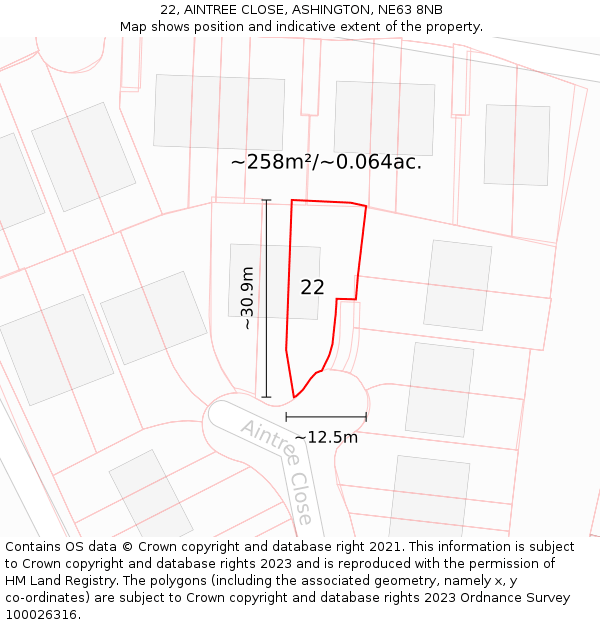 22, AINTREE CLOSE, ASHINGTON, NE63 8NB: Plot and title map