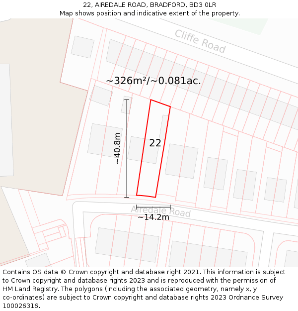22, AIREDALE ROAD, BRADFORD, BD3 0LR: Plot and title map
