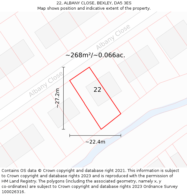 22, ALBANY CLOSE, BEXLEY, DA5 3ES: Plot and title map