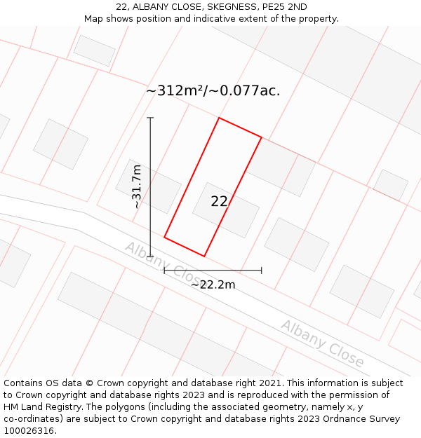 22, ALBANY CLOSE, SKEGNESS, PE25 2ND: Plot and title map