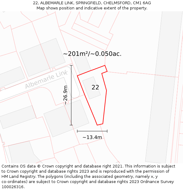 22, ALBEMARLE LINK, SPRINGFIELD, CHELMSFORD, CM1 6AG: Plot and title map