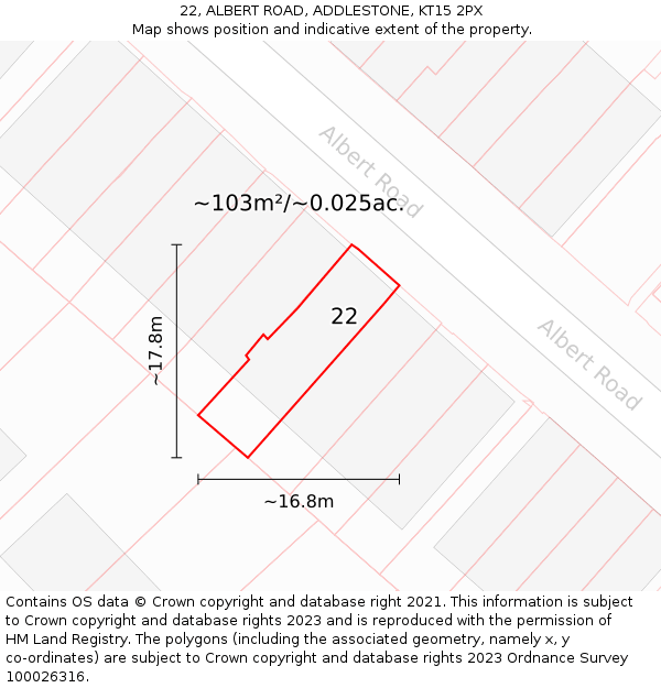 22, ALBERT ROAD, ADDLESTONE, KT15 2PX: Plot and title map