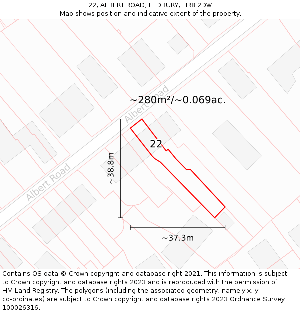 22, ALBERT ROAD, LEDBURY, HR8 2DW: Plot and title map