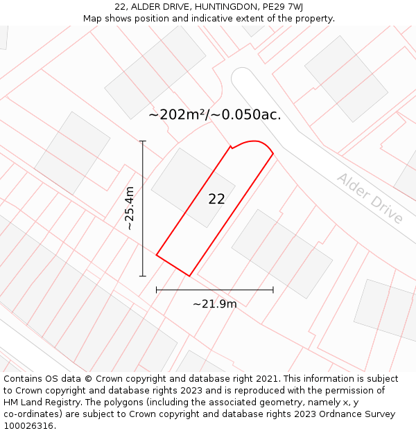 22, ALDER DRIVE, HUNTINGDON, PE29 7WJ: Plot and title map