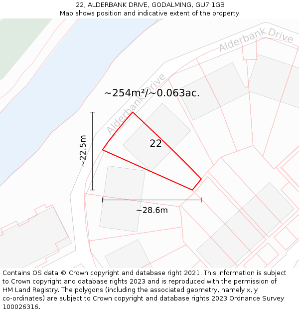 22, ALDERBANK DRIVE, GODALMING, GU7 1GB: Plot and title map