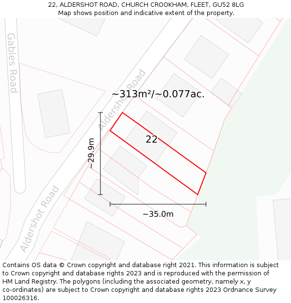 22, ALDERSHOT ROAD, CHURCH CROOKHAM, FLEET, GU52 8LG: Plot and title map