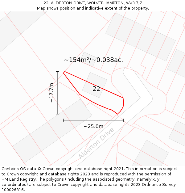 22, ALDERTON DRIVE, WOLVERHAMPTON, WV3 7JZ: Plot and title map