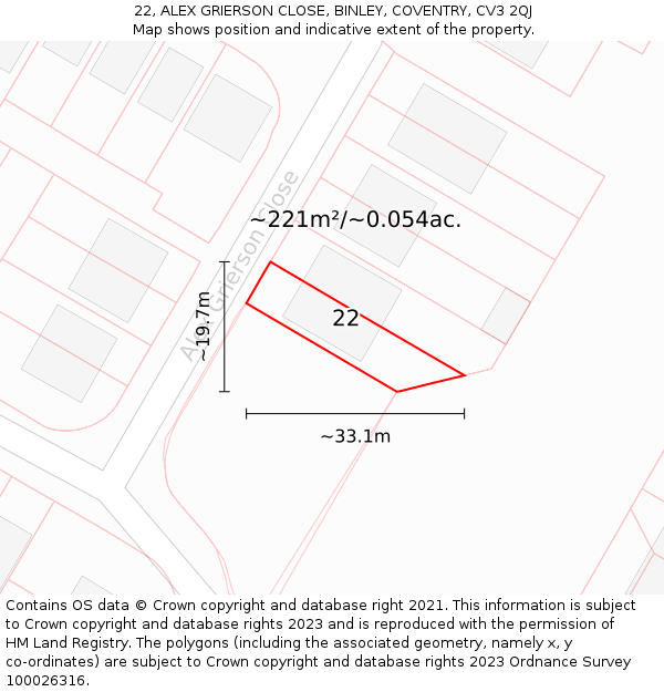 22, ALEX GRIERSON CLOSE, BINLEY, COVENTRY, CV3 2QJ: Plot and title map