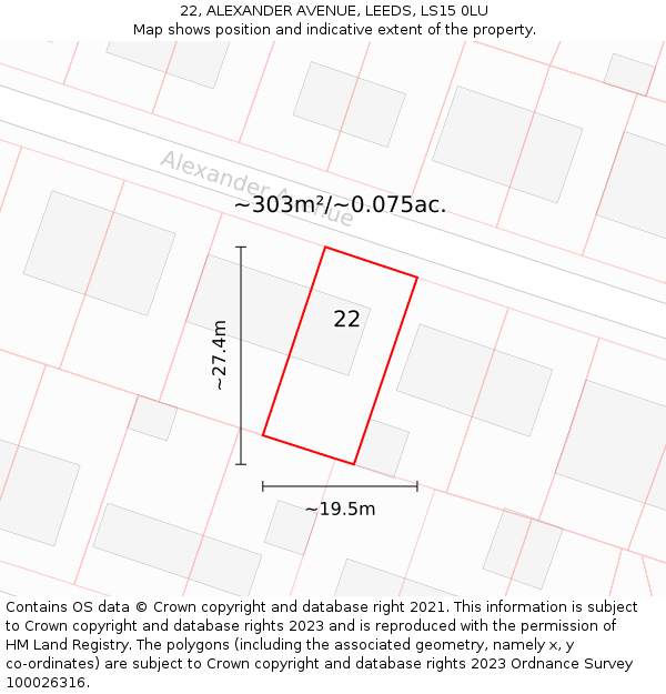 22, ALEXANDER AVENUE, LEEDS, LS15 0LU: Plot and title map
