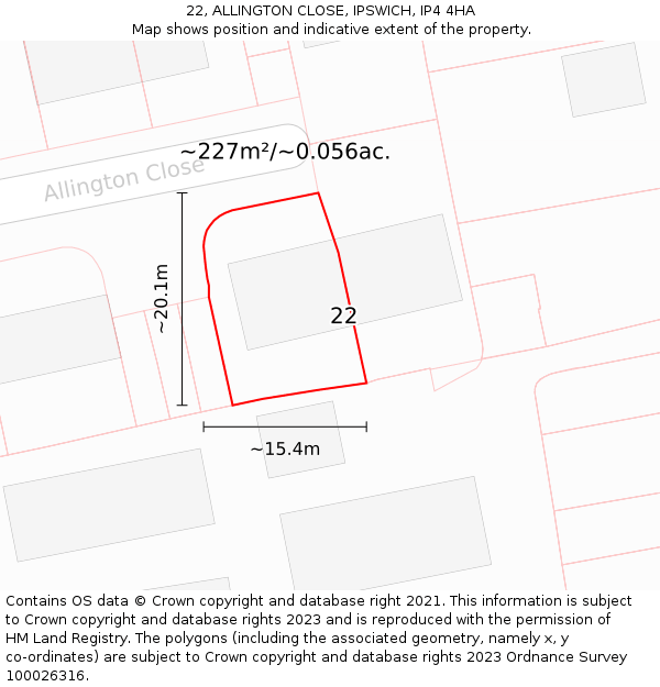 22, ALLINGTON CLOSE, IPSWICH, IP4 4HA: Plot and title map