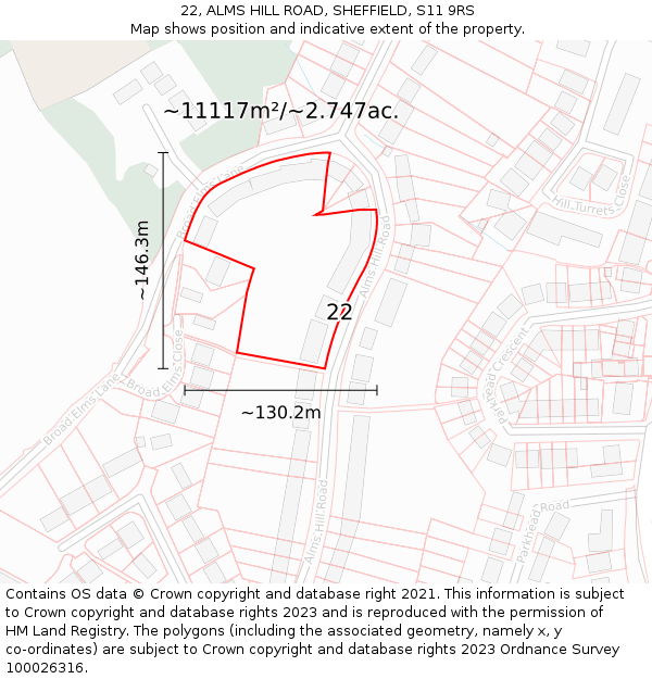 22, ALMS HILL ROAD, SHEFFIELD, S11 9RS: Plot and title map