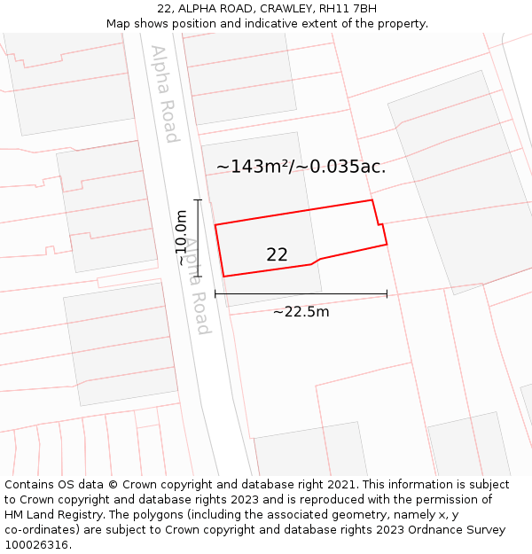 22, ALPHA ROAD, CRAWLEY, RH11 7BH: Plot and title map
