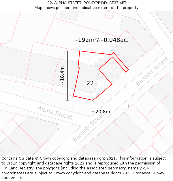 22, ALPHA STREET, PONTYPRIDD, CF37 4RT: Plot and title map