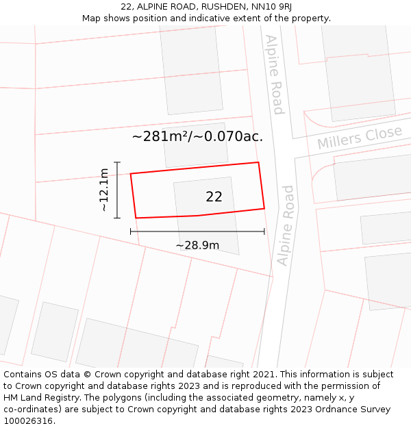 22, ALPINE ROAD, RUSHDEN, NN10 9RJ: Plot and title map