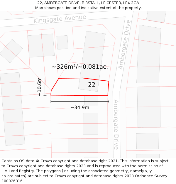 22, AMBERGATE DRIVE, BIRSTALL, LEICESTER, LE4 3GA: Plot and title map