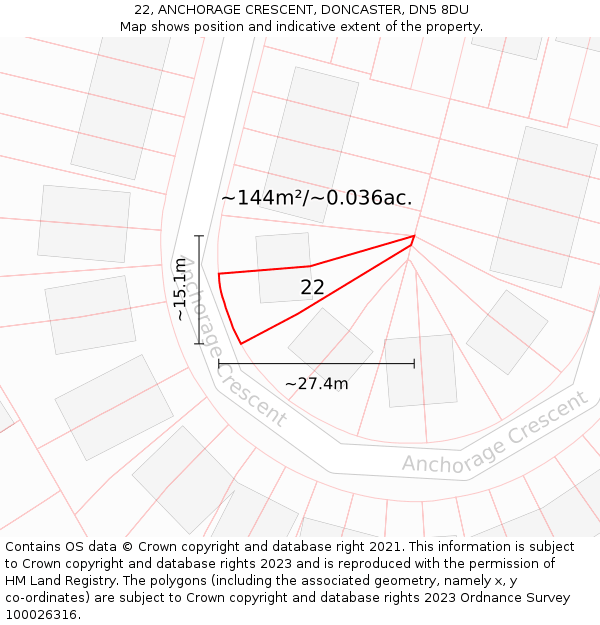 22, ANCHORAGE CRESCENT, DONCASTER, DN5 8DU: Plot and title map