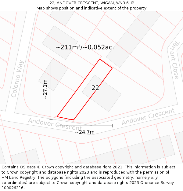 22, ANDOVER CRESCENT, WIGAN, WN3 6HP: Plot and title map