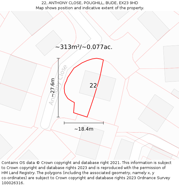 22, ANTHONY CLOSE, POUGHILL, BUDE, EX23 9HD: Plot and title map
