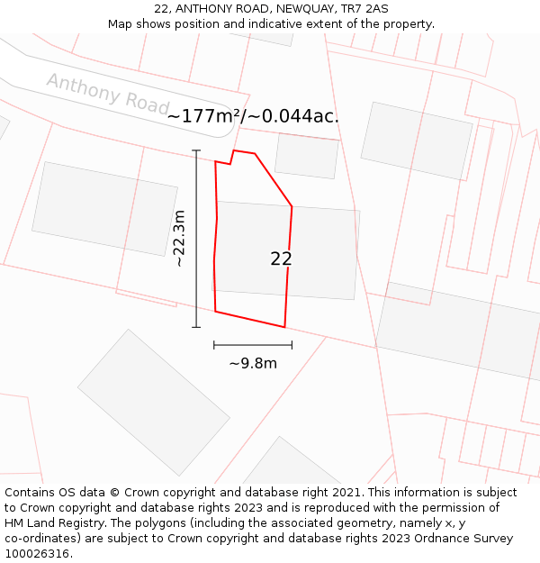 22, ANTHONY ROAD, NEWQUAY, TR7 2AS: Plot and title map