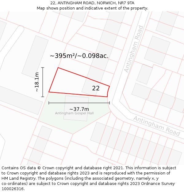 22, ANTINGHAM ROAD, NORWICH, NR7 9TA: Plot and title map