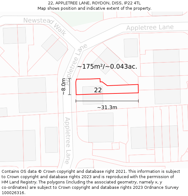 22, APPLETREE LANE, ROYDON, DISS, IP22 4TL: Plot and title map