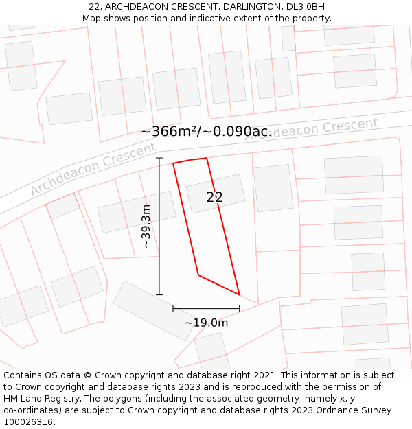 22, ARCHDEACON CRESCENT, DARLINGTON, DL3 0BH: Plot and title map