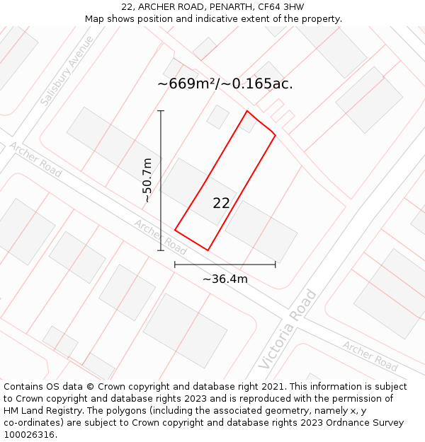 22, ARCHER ROAD, PENARTH, CF64 3HW: Plot and title map