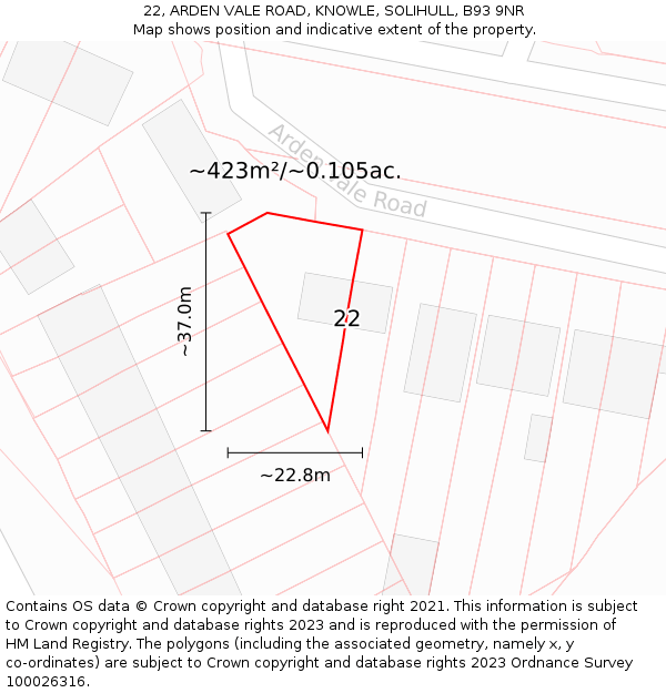 22, ARDEN VALE ROAD, KNOWLE, SOLIHULL, B93 9NR: Plot and title map