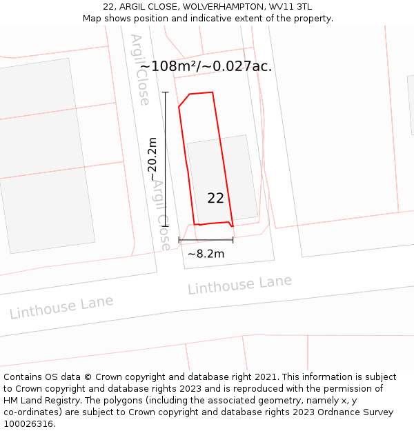 22, ARGIL CLOSE, WOLVERHAMPTON, WV11 3TL: Plot and title map