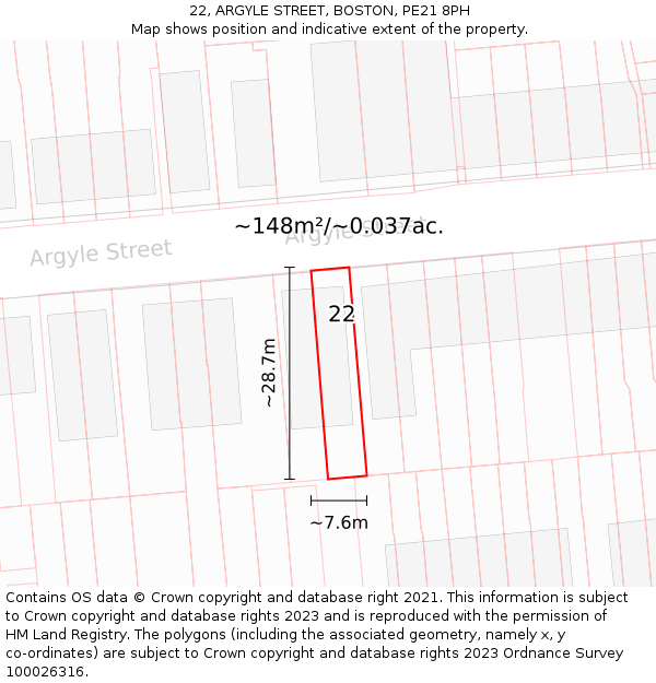22, ARGYLE STREET, BOSTON, PE21 8PH: Plot and title map