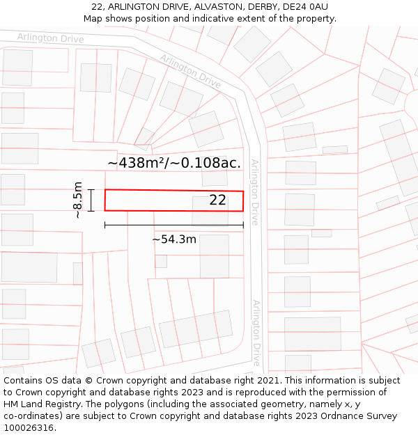 22, ARLINGTON DRIVE, ALVASTON, DERBY, DE24 0AU: Plot and title map